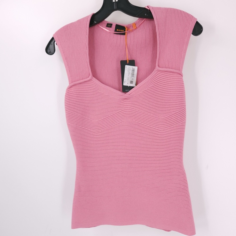 Boss Orange Fobertino Rib Pink Stretch Short Sleeve Top Shirt Womens M NWT